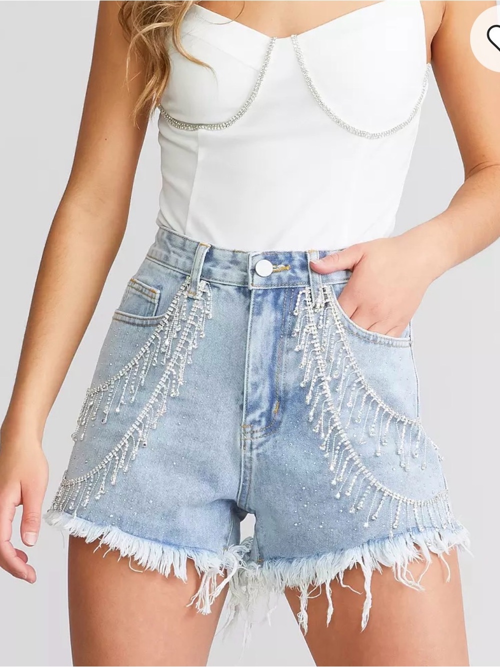 Crystal-Embellished Light Blue Denim Fringe Shorts - Picture 1 of 6